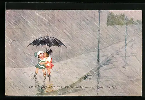 Künstler-AK Herschu: Ob`s regnet oder das Wetter heiter - wir lieben weiter!