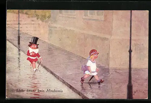 Künstler-AK Herschu: Mann läuft Frau im Regen auf der Strasse nach