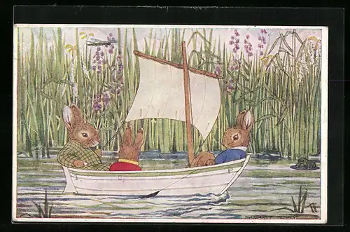 Künstler-AK sign. Margaret Tempest: drei Hasen in Segelboot mit Schilf, Libelle und Frosch