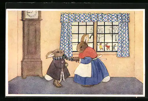 Künstler-AK Margaret Tempest: Hasenmutter bindet Hasenkind Schal um, vermenschlichte Tiere