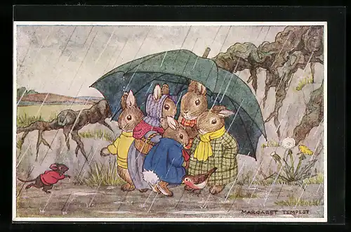 Künstler-AK Margaret Tempest: Shelter from the Rain, Hasen stehen unterm Regenschirm