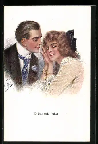 Künstler-AK A.Remy: Er lässt nicht locker, Frau mit Schleife und Mann im Anzug