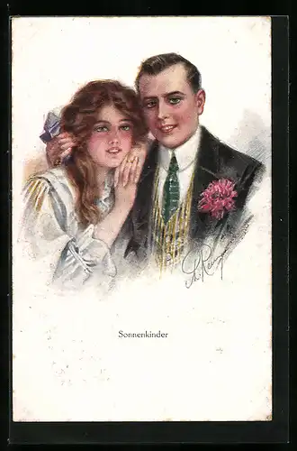Künstler-AK sign. A. Remy: Sonnenkinder, Junge Frau mit einem Herrn
