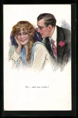 Künstler-AK A.Remy: Na-und was weiter, Dame wartet lächelnd auf das weitere Vorgehen des Herren