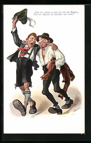 Künstler-AK Fritz Quidenus: Zwei Betrunkene laufen Arm in Arm