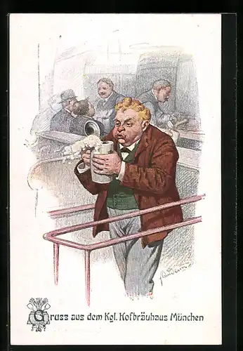 Künstler-AK Fritz Quidenus: Gruss aus dem Kgl. Hofbräuhaus München, Herr pustet die Blume auf seinem Bier weg
