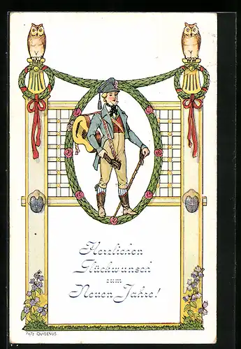 Künstler-AK Fritz Quidenus: Mann mit Gitarre und Eulen