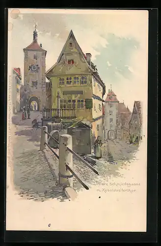 Künstler-Lithographie Rothenburg, Untere Schmiedegasse mit Koboldzellerthor