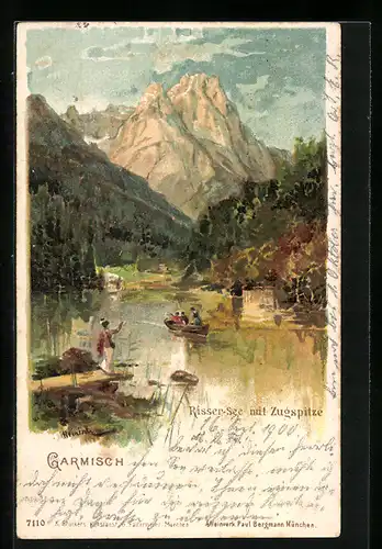 Lithographie Riesersee, Bootspartie mit Blick zur Zugspitze