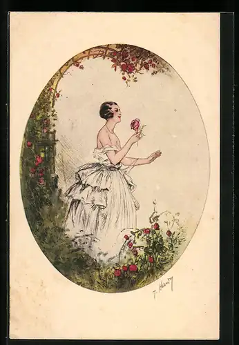 Künstler-AK J. Hardy: Frau in weissem Kleid im Rosengarten