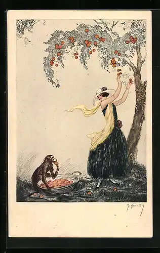 Künstler-AK J. Hardy: Dame mit einem Affen an einem Obstbaum