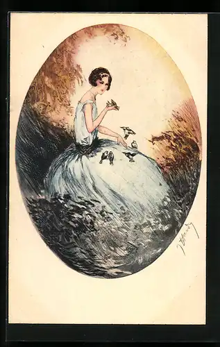 Künstler-AK J. Hardy: Hübsche Frau mit Vögeln