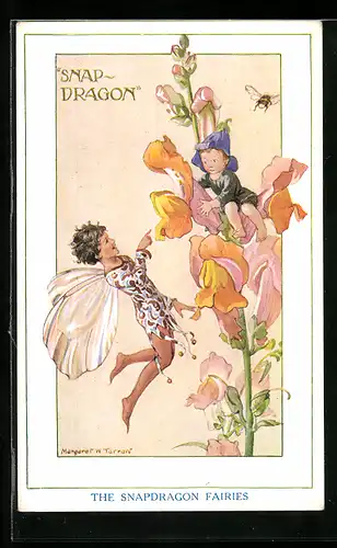 Künstler-AK Margaret W. Tarrant: The Snapdragon Fairies, Elfe & Kindlein auf einer Blume