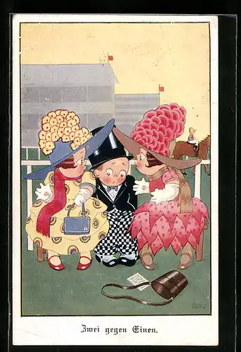 Künstler-AK Chloe Preston: Eingeschüchterter Herr mit zwei Damen