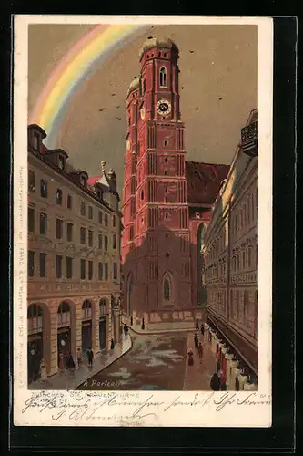 Künstler-AK A. Paetzold: München, Die Frauentürme mit Regenbogen