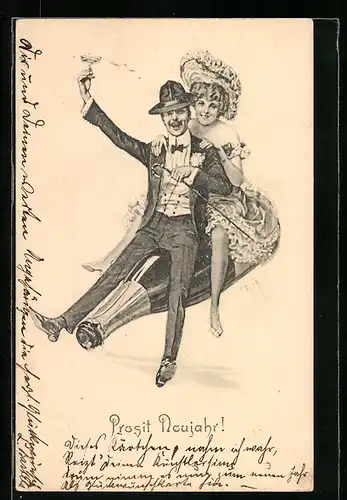 Künstler-AK Theo Zasche: Paar fliegt auf einer Sektflasche, Neujahrsgruss