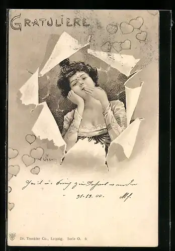 Künstler-AK Ulrich Weber: Junge Frau durch zerrissenes Papier, Glückwunsch