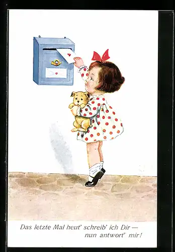 Künstler-AK John Wills: Mädchen mit Hund auf dem Arm wirft einen Brief in den Briefkasten