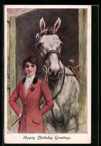 Künstler-AK Florence E. Valter: Reiterin mit ihrem Pferd