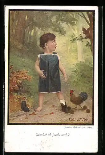 Künstler-AK Brüder Kohn (B.K.W.I) Nr.527-1: Kleines Kind im Wald mit Huhn