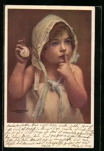 Künstler-AK F. J. Ostermann: Mädchen mit Haube und Uhr