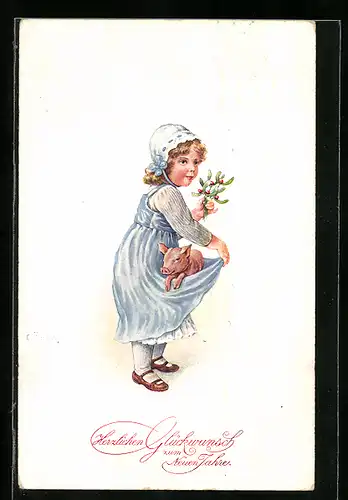 Künstler-AK C. Öhler: Mädchen mit Ferkel in der Schürze, Neujahrsgruss