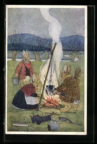 Künstler-AK Margaret Tempest: Hasen am offenen Feuer beim Kochen