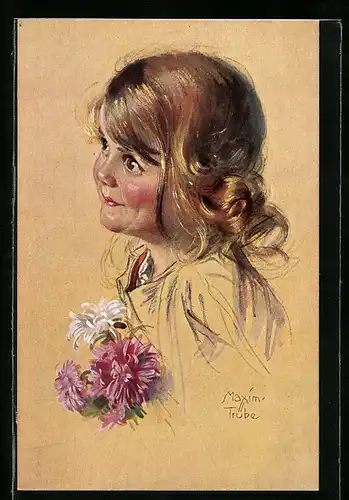Künstler-AK Maxim Trübe: kleines Mädchen mit einem Blumenstrauss