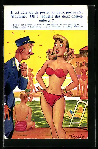 Künstler-AK Arnold Taylor: Aufseher weist Frau im Bikini zurecht