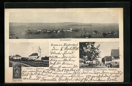 AK Niederdorf, Dorfpartie mit Hartmann`s Handlung, Kirche und Pfarrhof