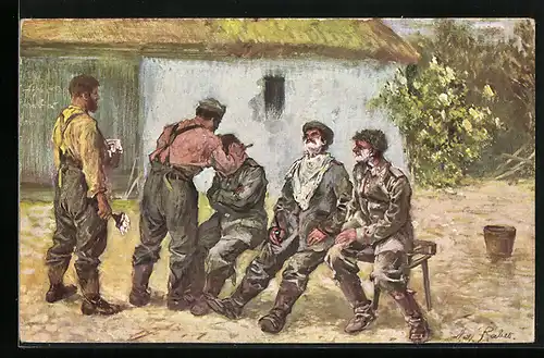 Künstler-AK Der Feldbarbier, Soldaten