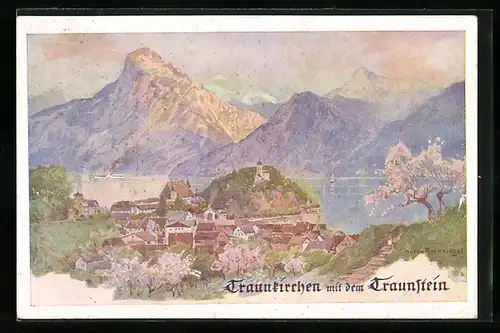 Künstler-AK Eduard Reckziegel: Traunkirchen mit dem Traunstein