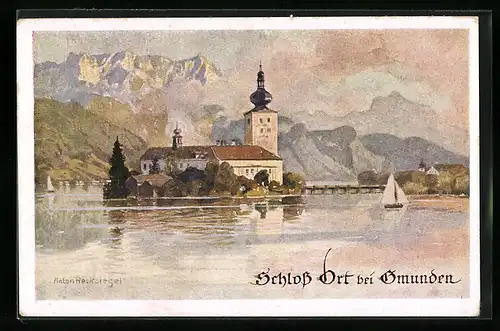 Künstler-AK E. Reckziegel: Gmunden, Blick zum Schloss auf dem See