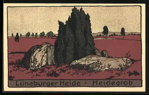 Steindruck-AK Lüneburger Heide, Heidegrab