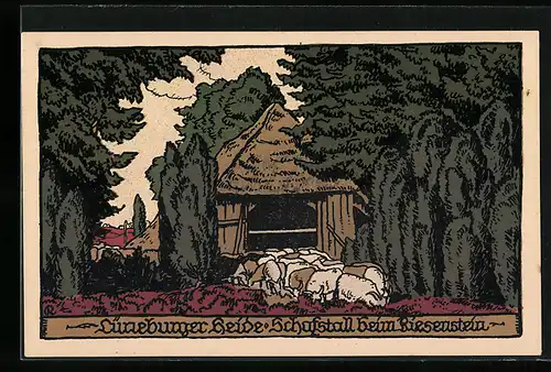 Steindruck-AK Lüneburger Heide, Schafstall beim Riesenstein