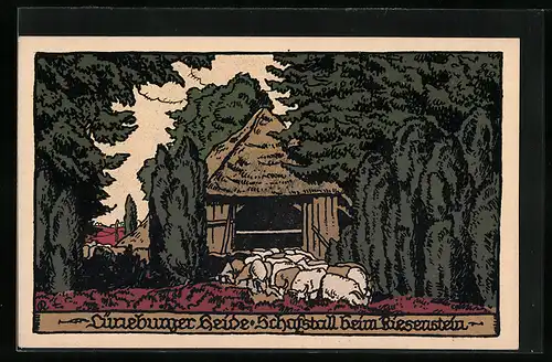 Steindruck-AK Lüneburger Heide, Schafstall beim Riesenstein