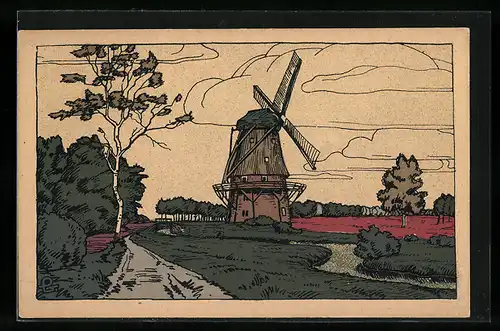 Steindruck-AK Lüneburger Heide, Windmühle am Mühlenbach