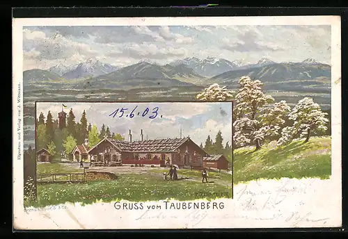 Künstler-AK Rudolf Reschreiter: Warngau, Taubenberg, Gasthaus und Panorama