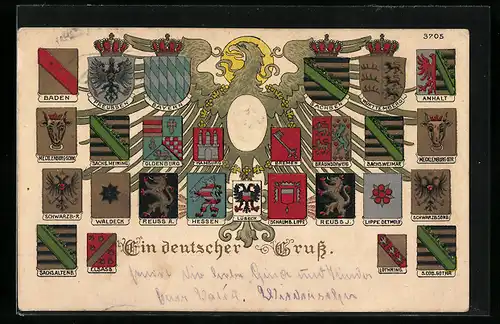 Künstler-AK Bruno Bürger & Ottillie Nr. 3705: Ein deutscher Gruss, Wappen von Schwarzburg, Kaiser Wilhelm II.