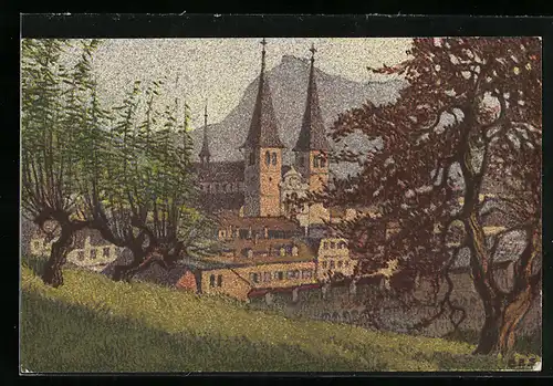 Künstler-AK Ernst E. Schlatter: Luzern, Hofkirche gegen die Rigi