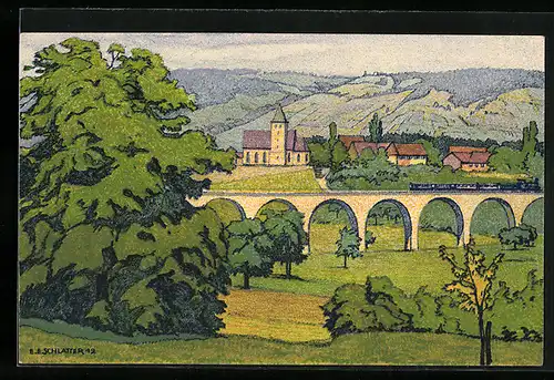 Künstler-AK sign. Ernst E. Schlatter: Der Bussnanger Viadukt
