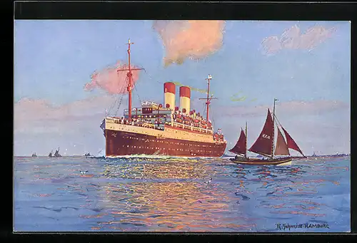 Künstler-AK Robert Schmidt: Hamburg-Südamerikanische Dampfschiffahrts-Gesellschaft, Passagierschiff mit Segelboot