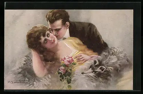 Künstler-AK M. Santino: Kavalier küsst die Liebste auf die Wange
