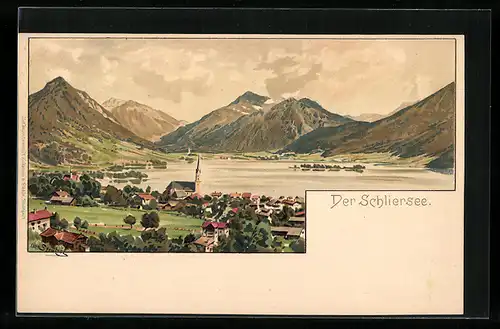 Künstler-Lithographie Otto Strützel: Schliersee, Panorama