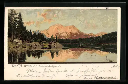 Künstler-AK Otto Strützel: Berchtesgaden, Hintersee, Blick über den See zum Berg