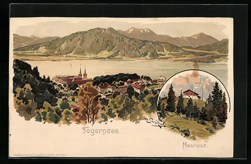 Künstler-AK Otto Strützel: Tegernsee, Totalansicht, Haus Neureut