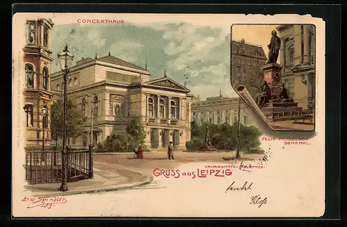Künstler-AK Erwin Spindler: Leipzig, Concerthaus, Felix Mendelson Denkmal, Universitäts-Bibliothek