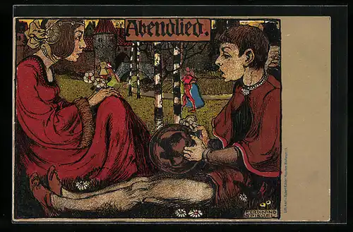 Künstler-AK Ferdinand Spiegel: Abendlied, Mann und Frau in historischen Trachten vor der Burg