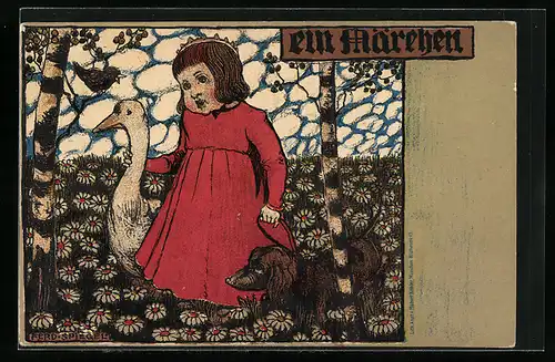 Künstler-AK Ferdinand Spiegel: Ein Märchen, Mädchen mit Gans und Hund