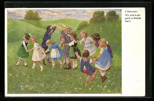 Künstler-AK Franziska Schenkel: Kinder spielen auf der Wiese